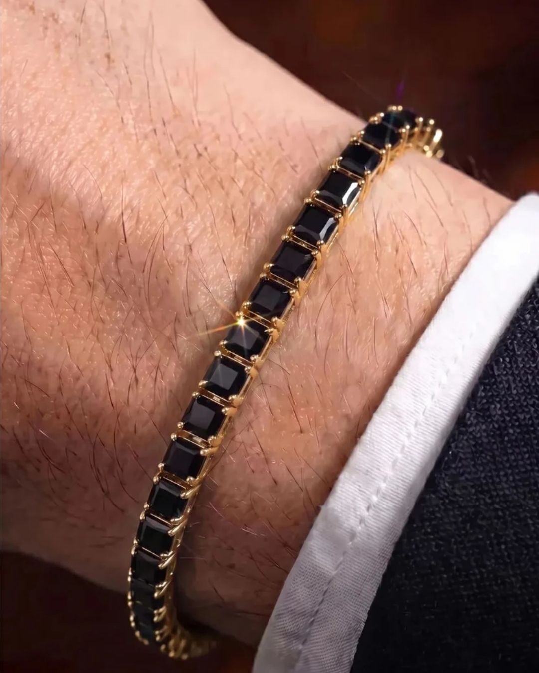 Black Square-Stone Tennis Bracelet, 4 mm, Gold-Tone Steel