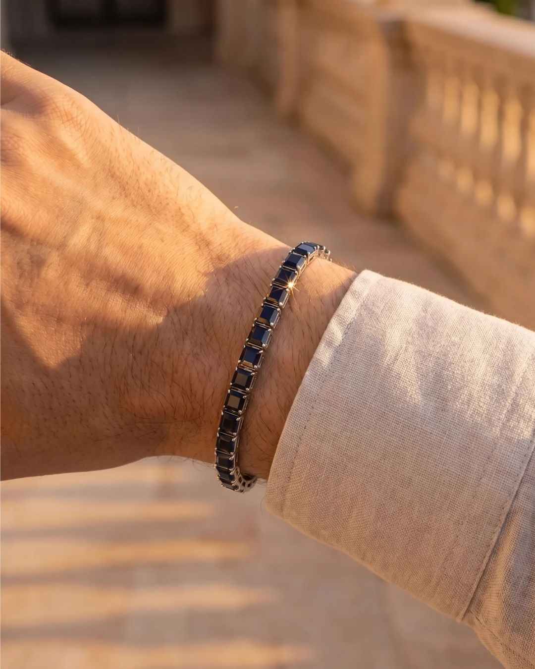 Black Square-Stone Tennis Bracelet, 5 mm, Silver-Tone Steel