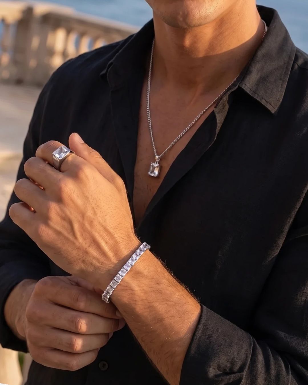 Clear Square-Stone Tennis Bracelet, 5 mm, Silver-Tone Steel