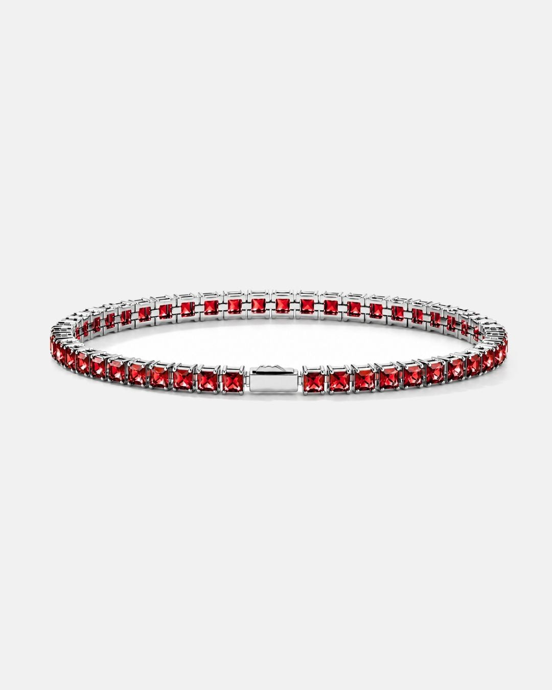Red Square-Stone Tennis Bracelet, 4 mm, Silver-Tone Steel