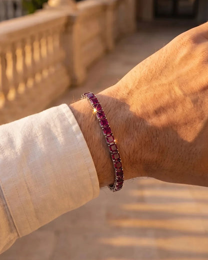 Red Square-Stone Tennis Bracelet, 5 mm, Silver-Tone Steel