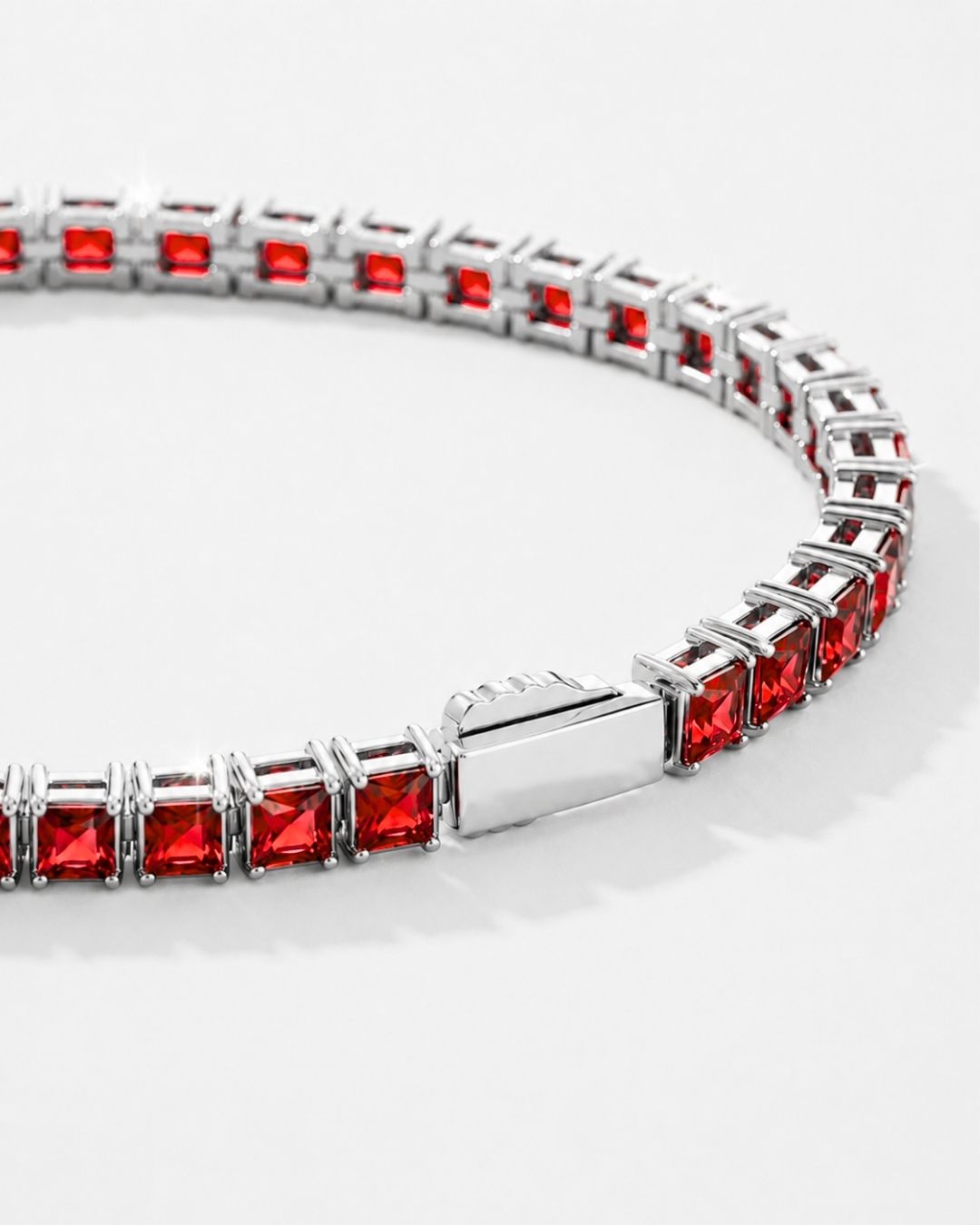 Red Square-Stone Tennis Bracelet, 4 mm, Silver-Tone Steel