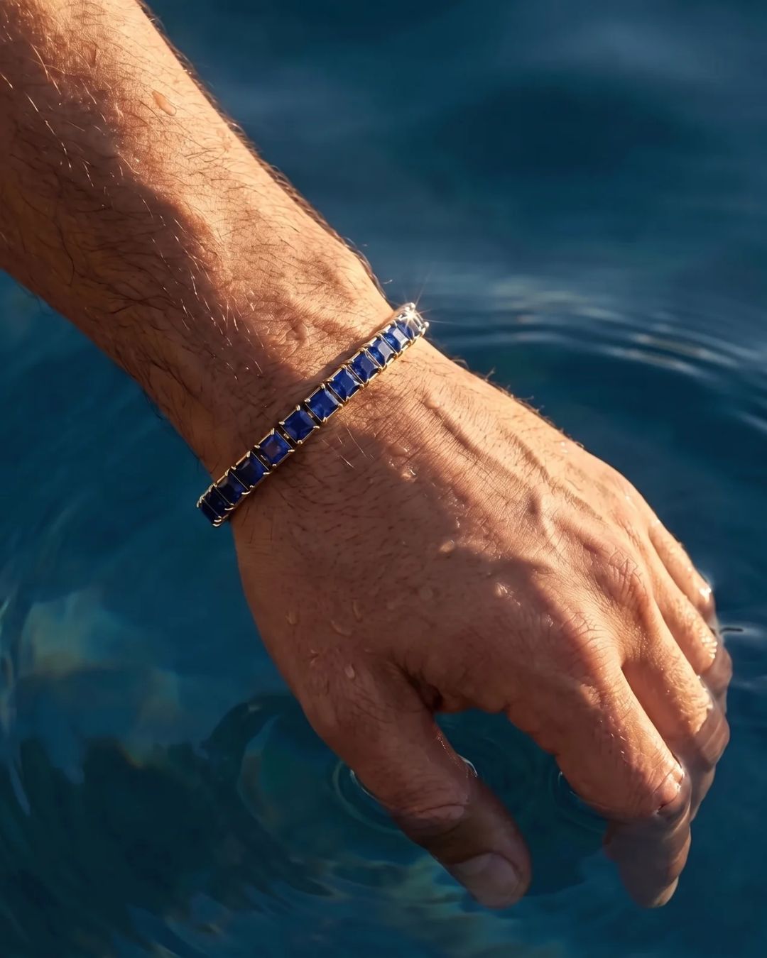 Blue Square-Stone Tennis Bracelet, 5 mm, Gold-Tone Steel