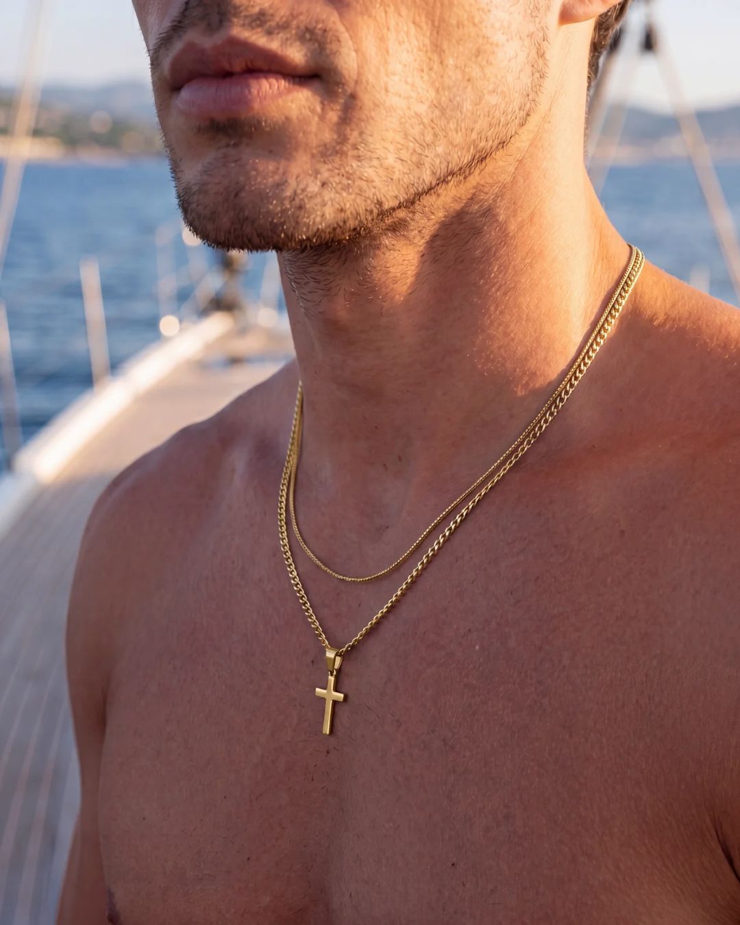 Cross and Square Chain Necklace Set, 2 Pieces, 18K Gold-Plated