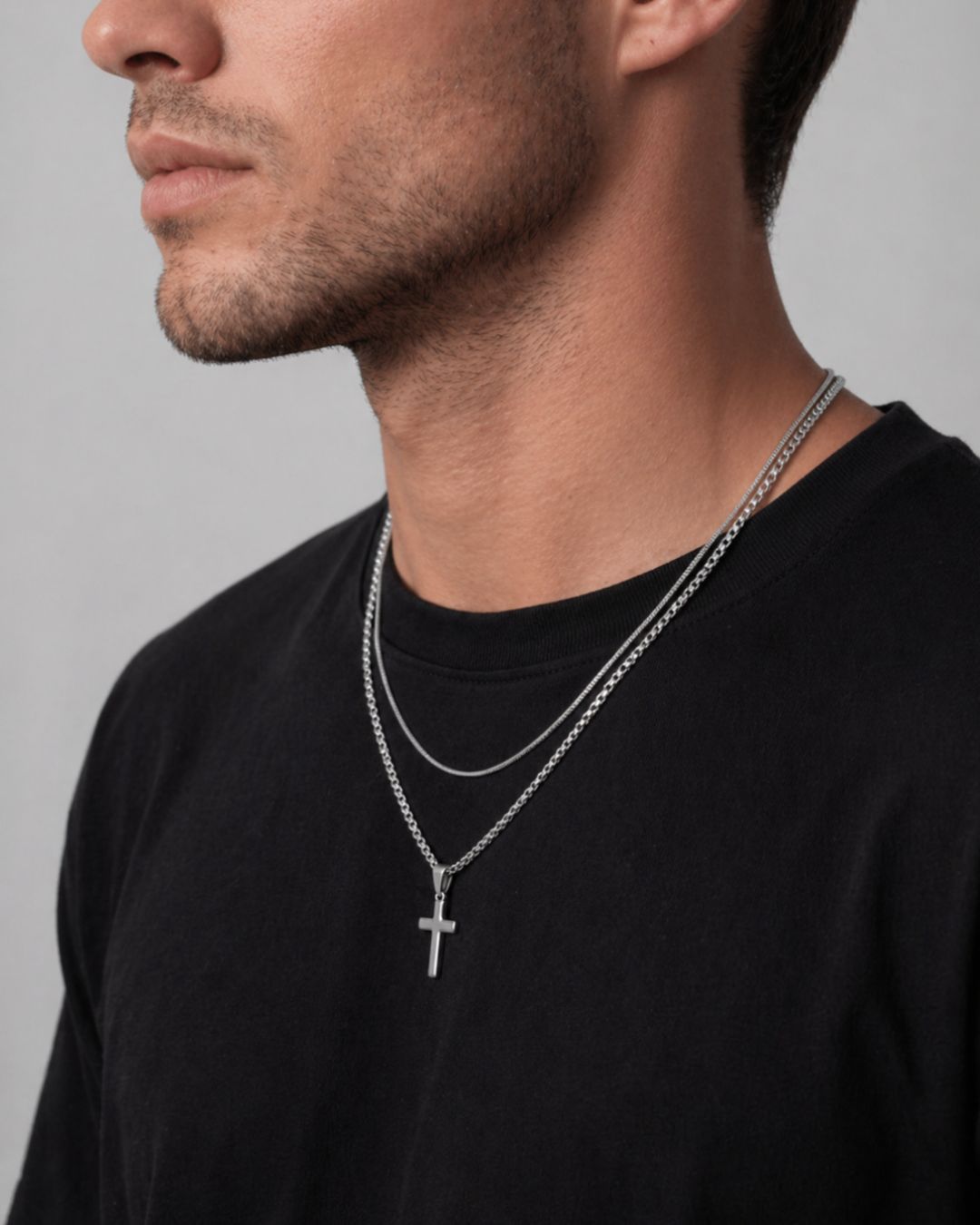 Cross and Square Chain Necklace Set, 2 Pieces, Stainless Steel