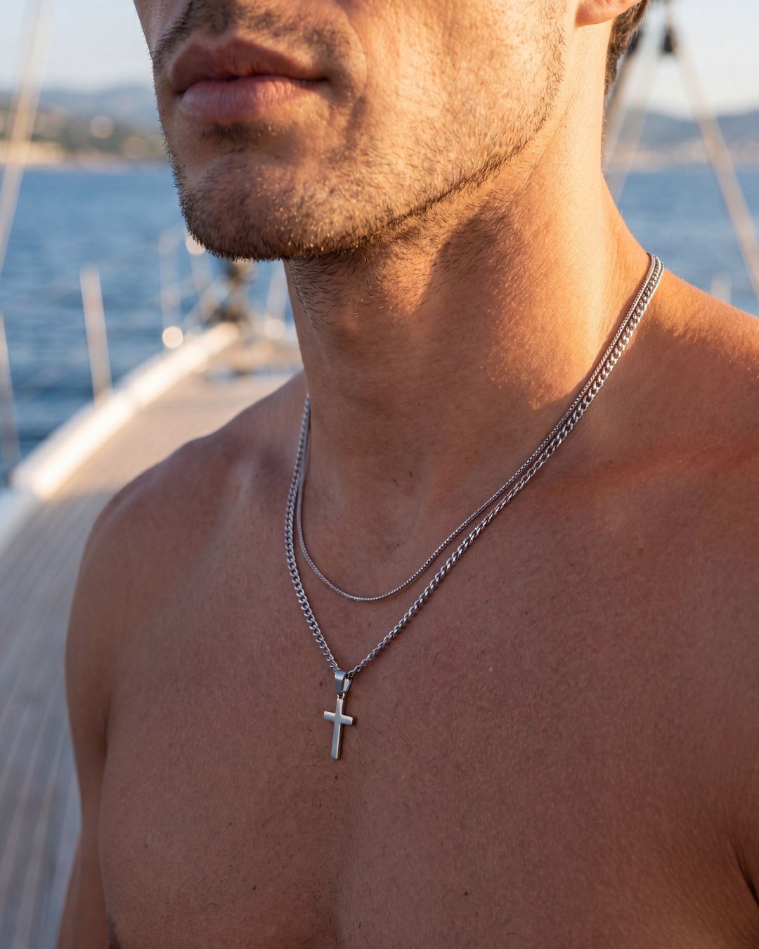 Cross and Square Chain Necklace Set, 2 Pieces, Stainless Steel