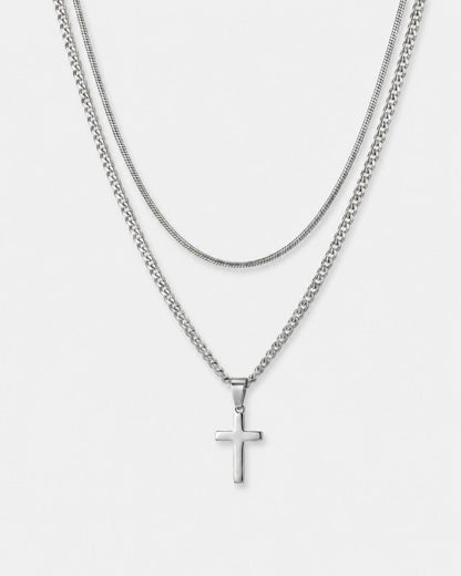 Cross and Square Chain Necklace Set, 2 Pieces, Stainless Steel