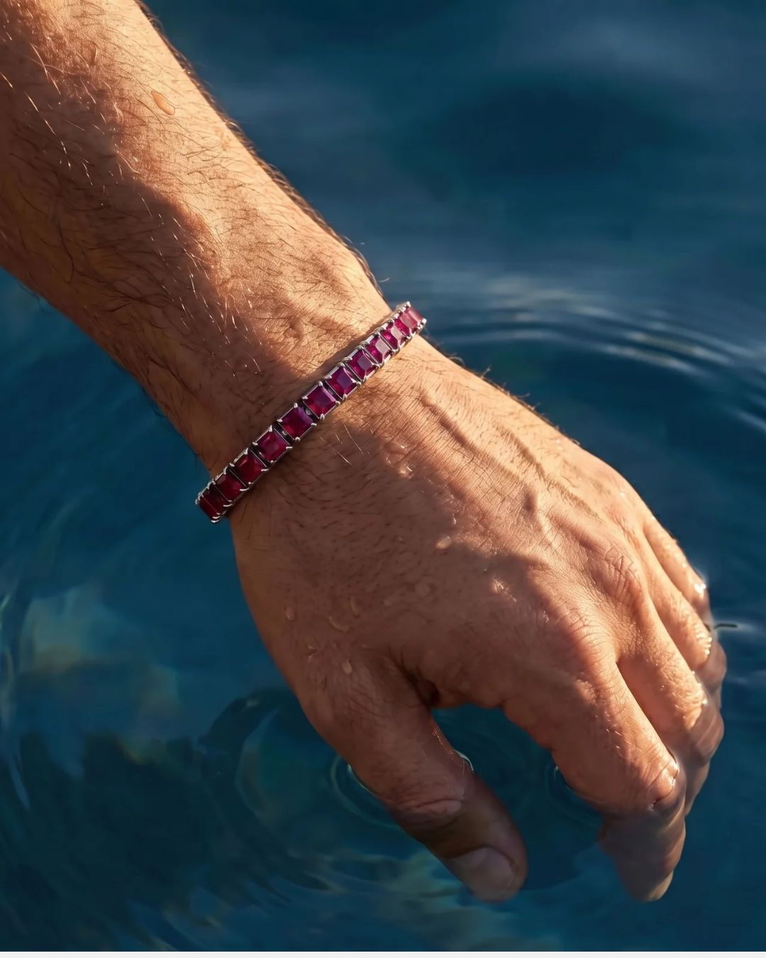 Red Square-Stone Tennis Bracelet, 5 mm, Silver-Tone Steel