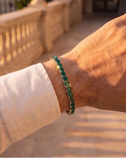 Green Square-Stone Tennis Bracelet, 5 mm, Gold-Tone Steel