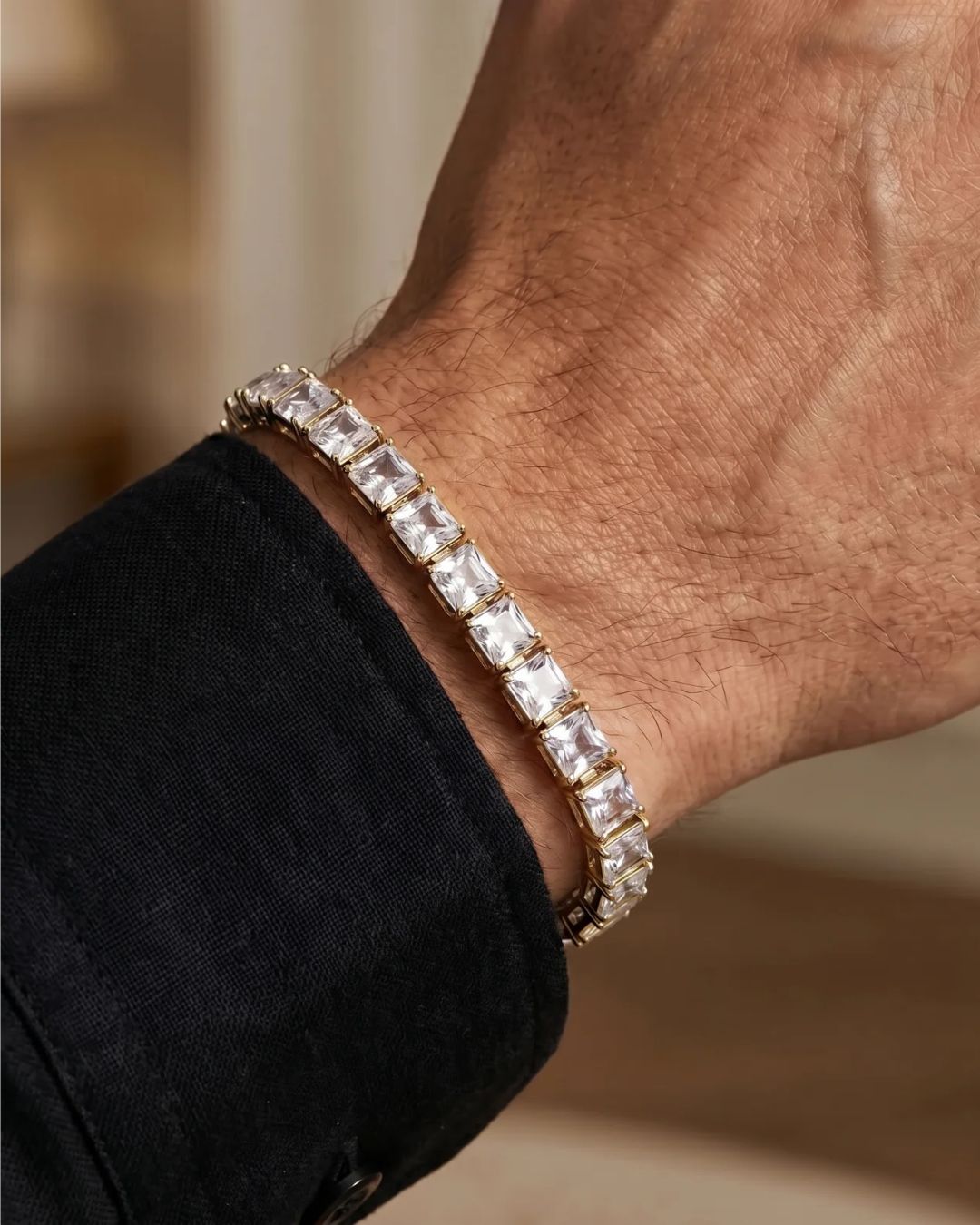 Clear Square-Stone Tennis Bracelet, 5 mm, Gold-Tone Steel