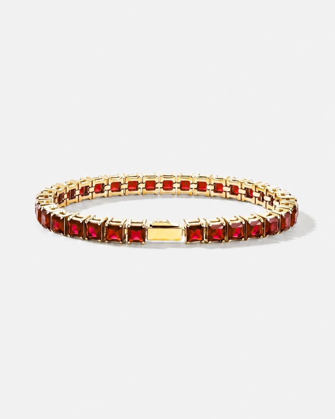 Red Square-Stone Tennis Bracelet, 5 mm, Gold-Tone Steel