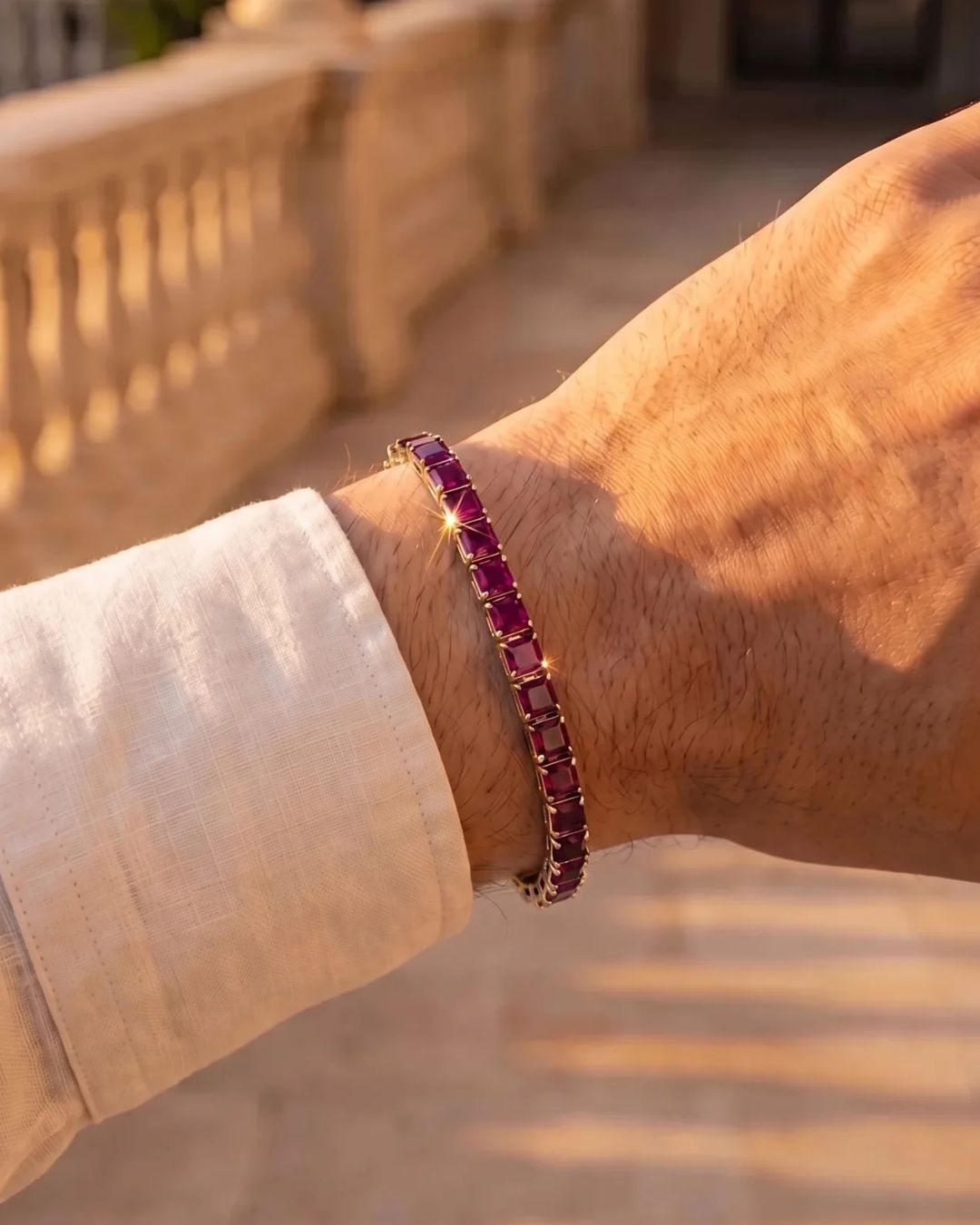 Red Square-Stone Tennis Bracelet, 5 mm, Gold-Tone Steel