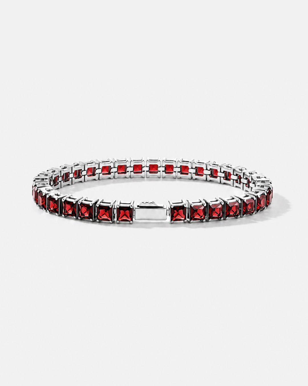 Red Square-Stone Tennis Bracelet, 5 mm, Silver-Tone Steel