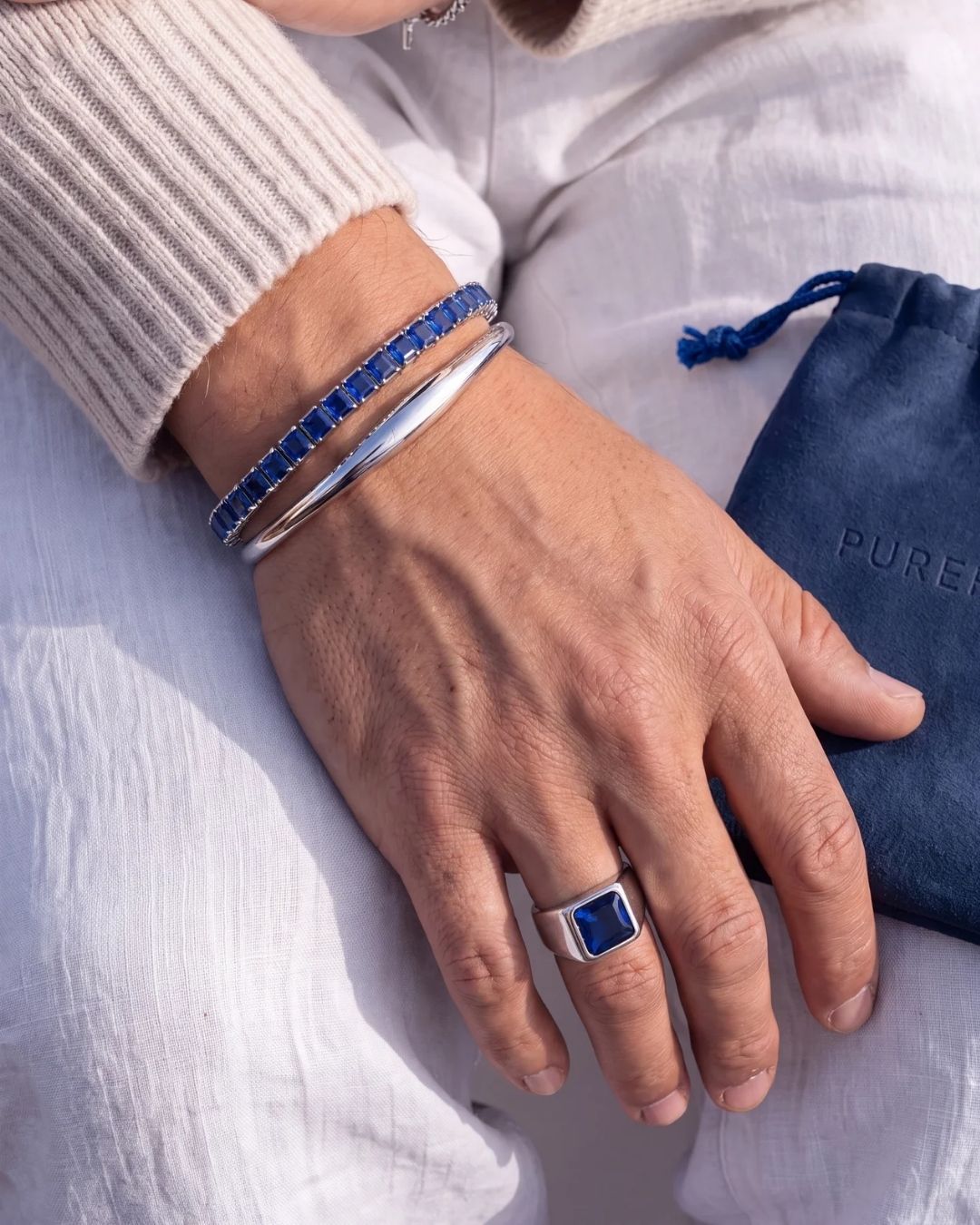 Blue Square-Stone Tennis Bracelet, 4 mm, Silver-Tone Steel