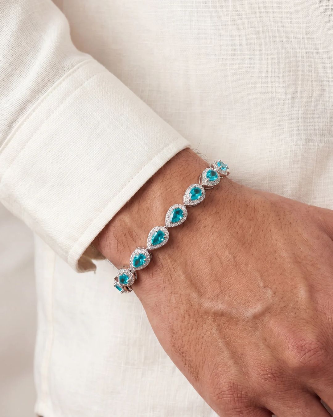 Turquoise-Color Zirconia Teardrop Bracelet, Silver-Tone