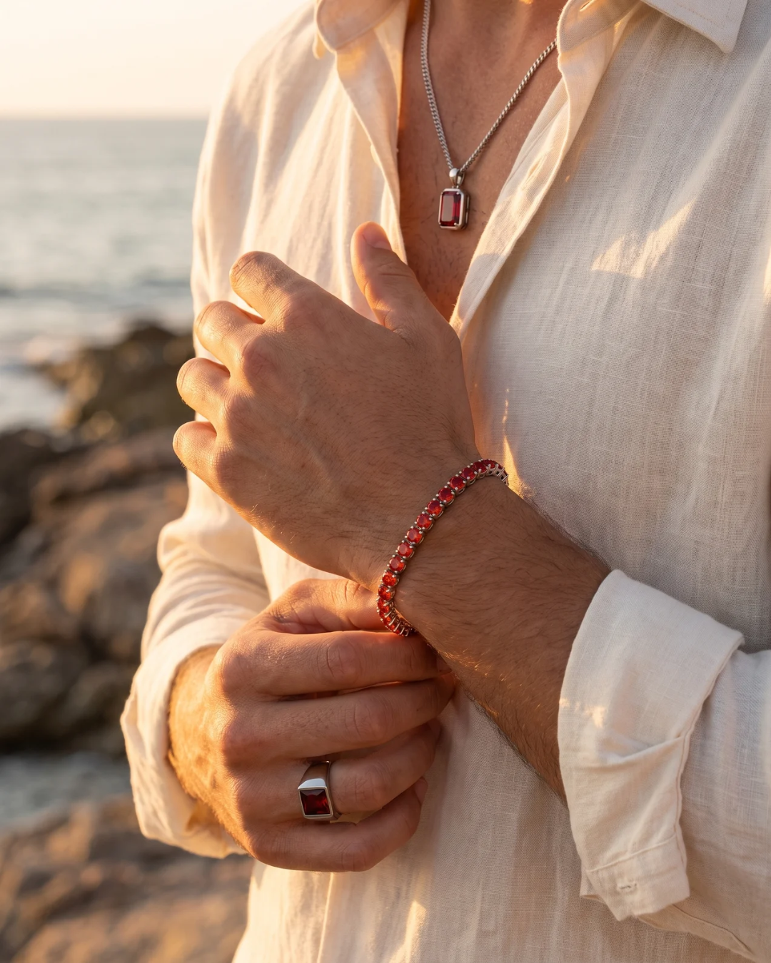Red Zircon Tennis Bracelet, 4 mm, Silver-Plated