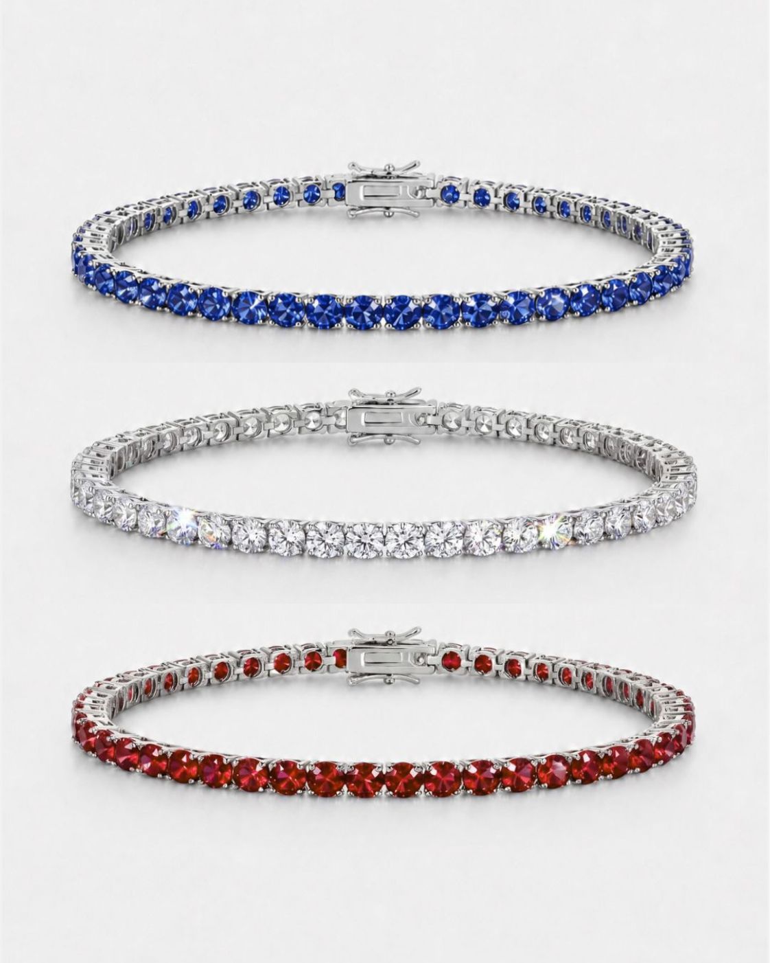 Men’s Red White Blue Tennis Bracelet Set, 3 Pieces, Silver-Plated