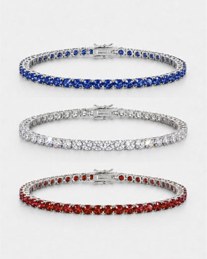 Men’s Red White Blue Tennis Bracelet Set, 3 Pieces, Silver-Plated