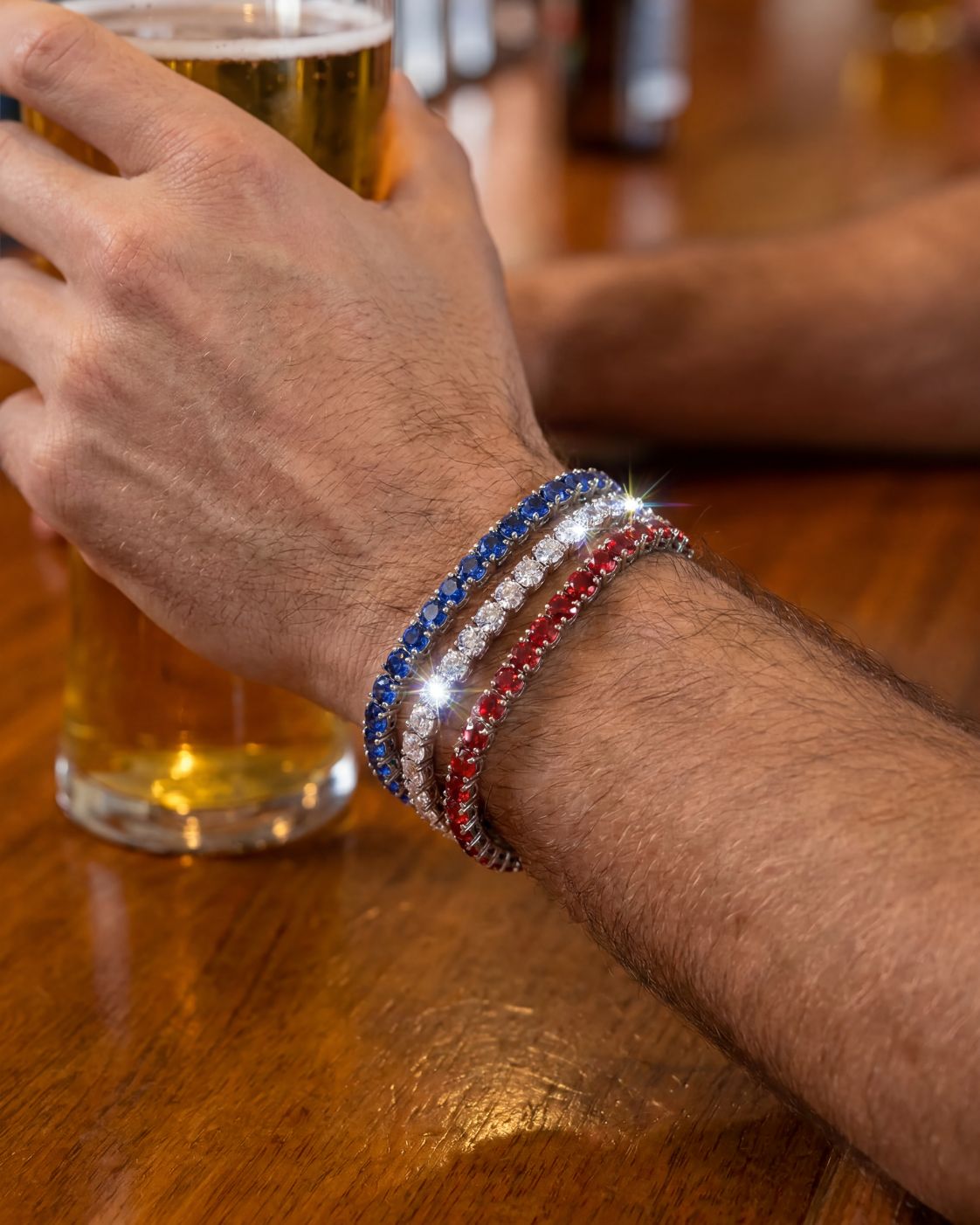 Men’s Red White Blue Tennis Bracelet Set, 3 Pieces, Silver-Plated