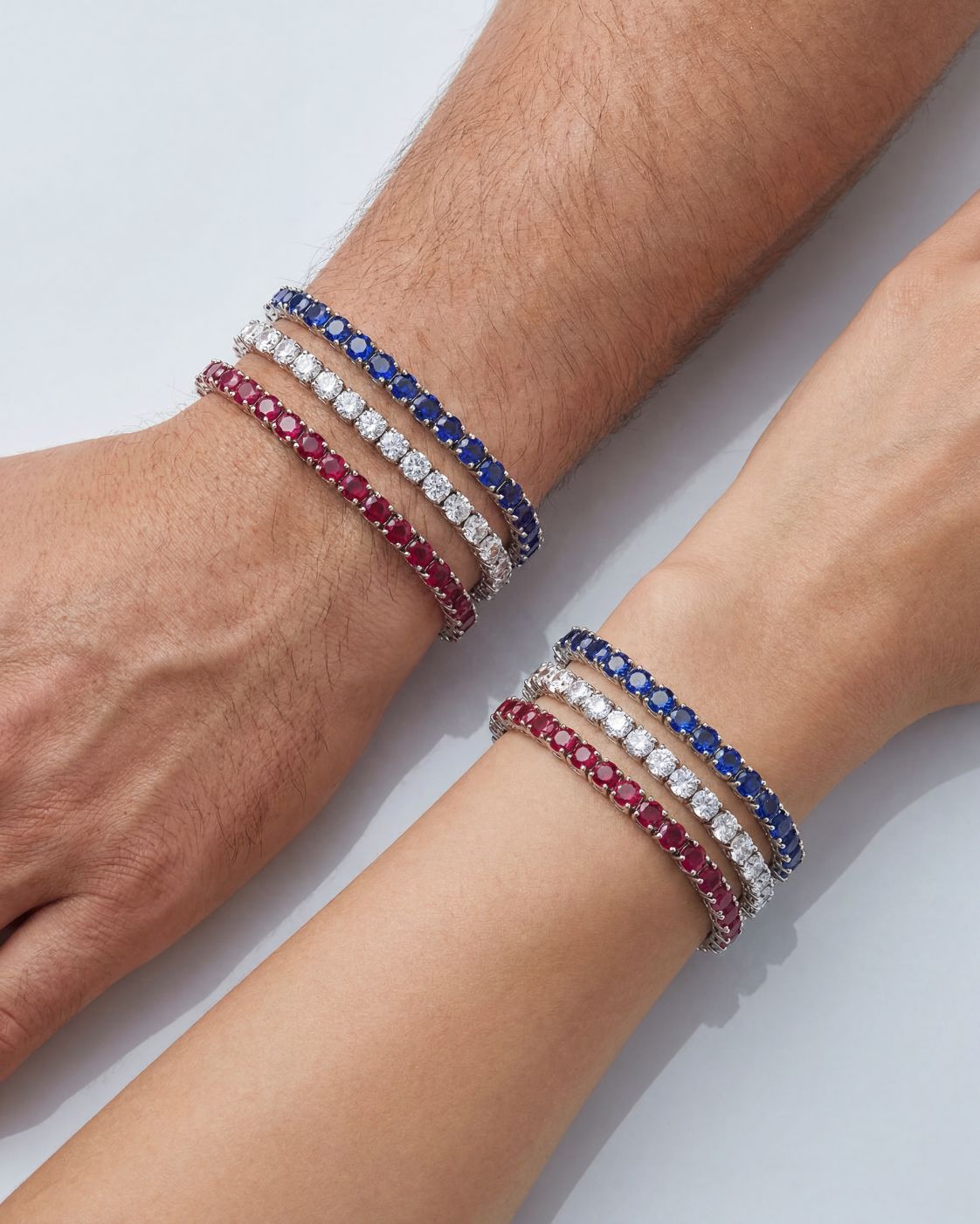 Men’s Red White Blue Tennis Bracelet Set, 3 Pieces, Silver-Plated