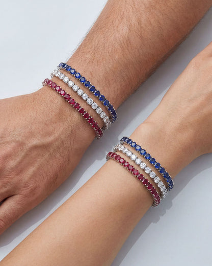 Men’s Red White Blue Tennis Bracelet Set, 3 Pieces, Silver-Plated