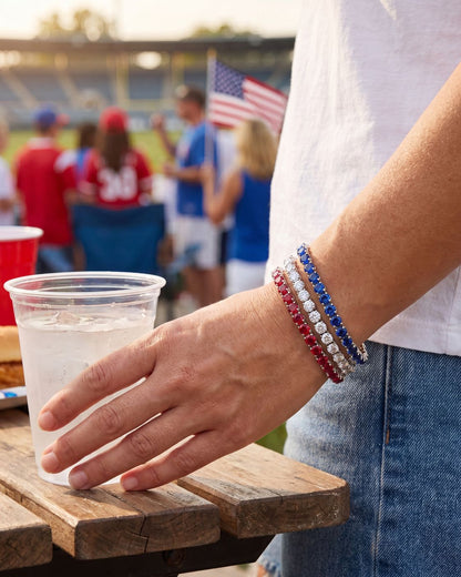 Men’s Red White Blue Tennis Bracelet Set, 3 Pieces, Silver-Plated