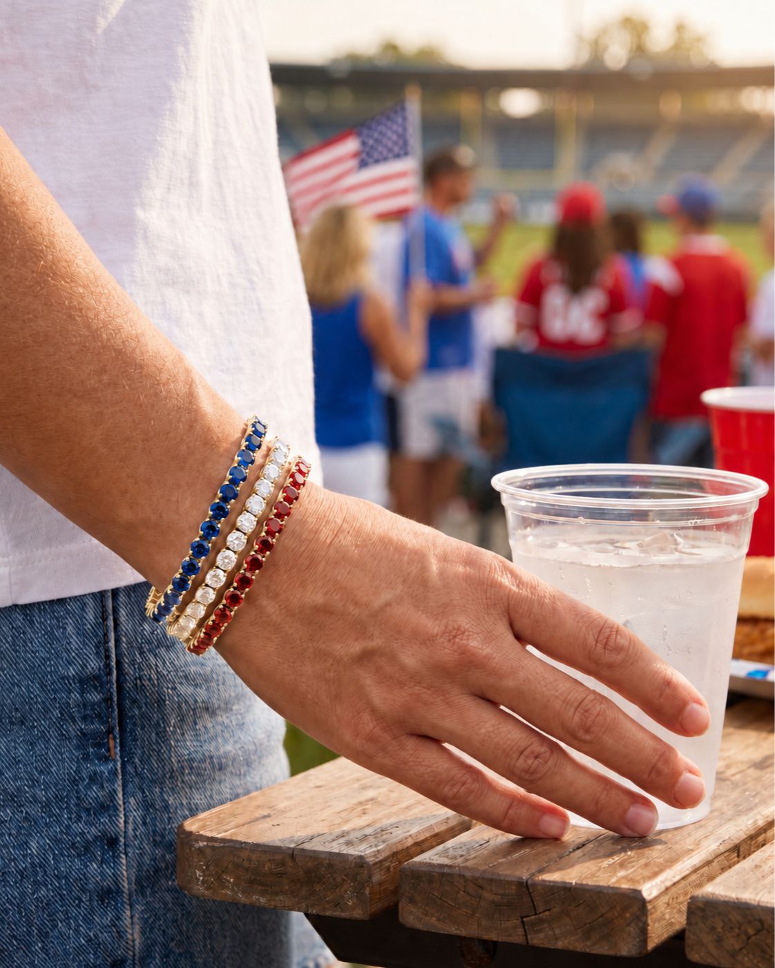 Men’s Red White Blue Tennis Bracelet Set, 3 Pieces, 14K Gold-Plated