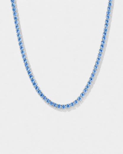 Aqua Blue Tennis Necklace, 4 mm, Silver-Plated