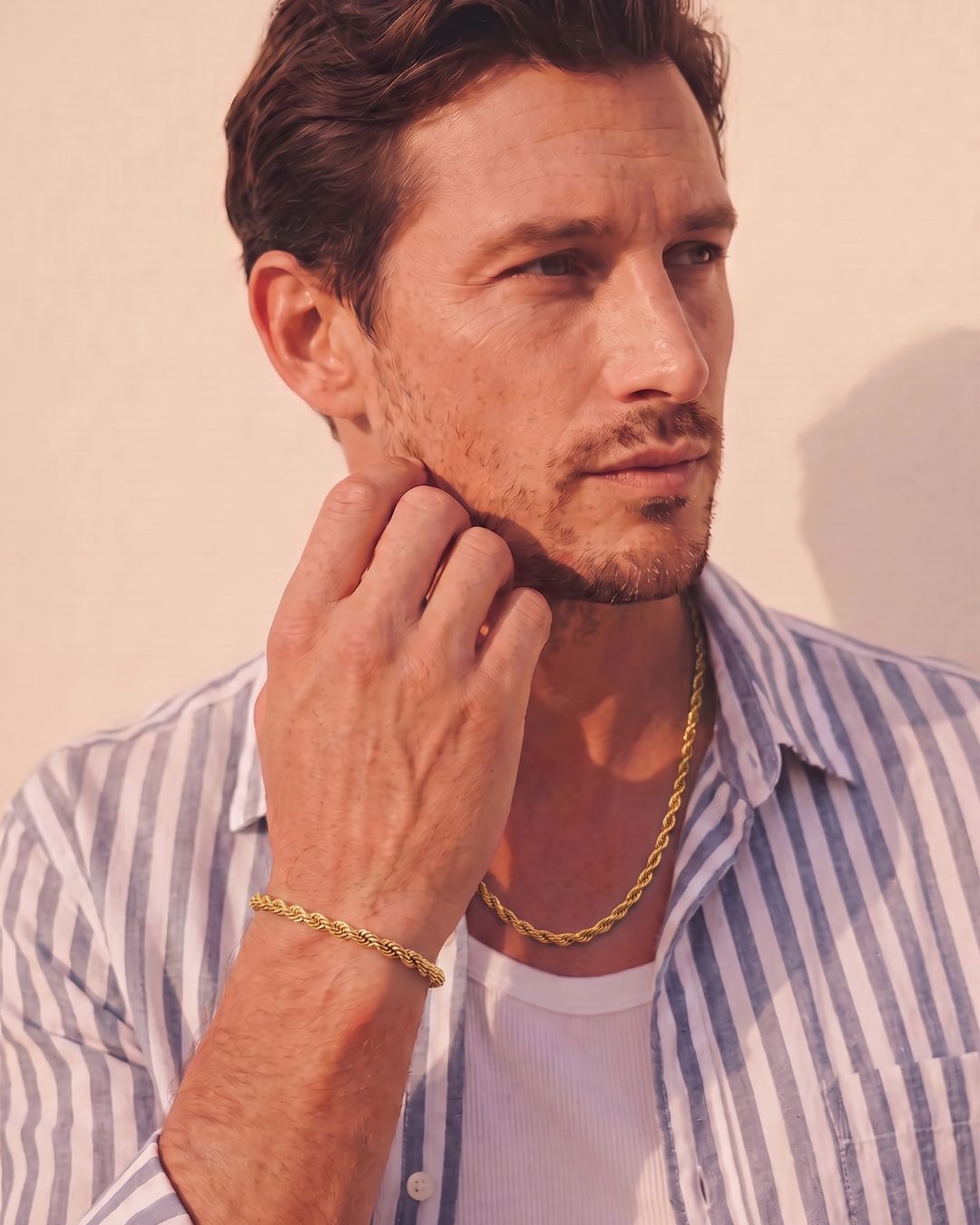 Men’s 18K Gold-Plated Rope Chain Bracelet, 5 mm, Adjustable — Tressé Acier