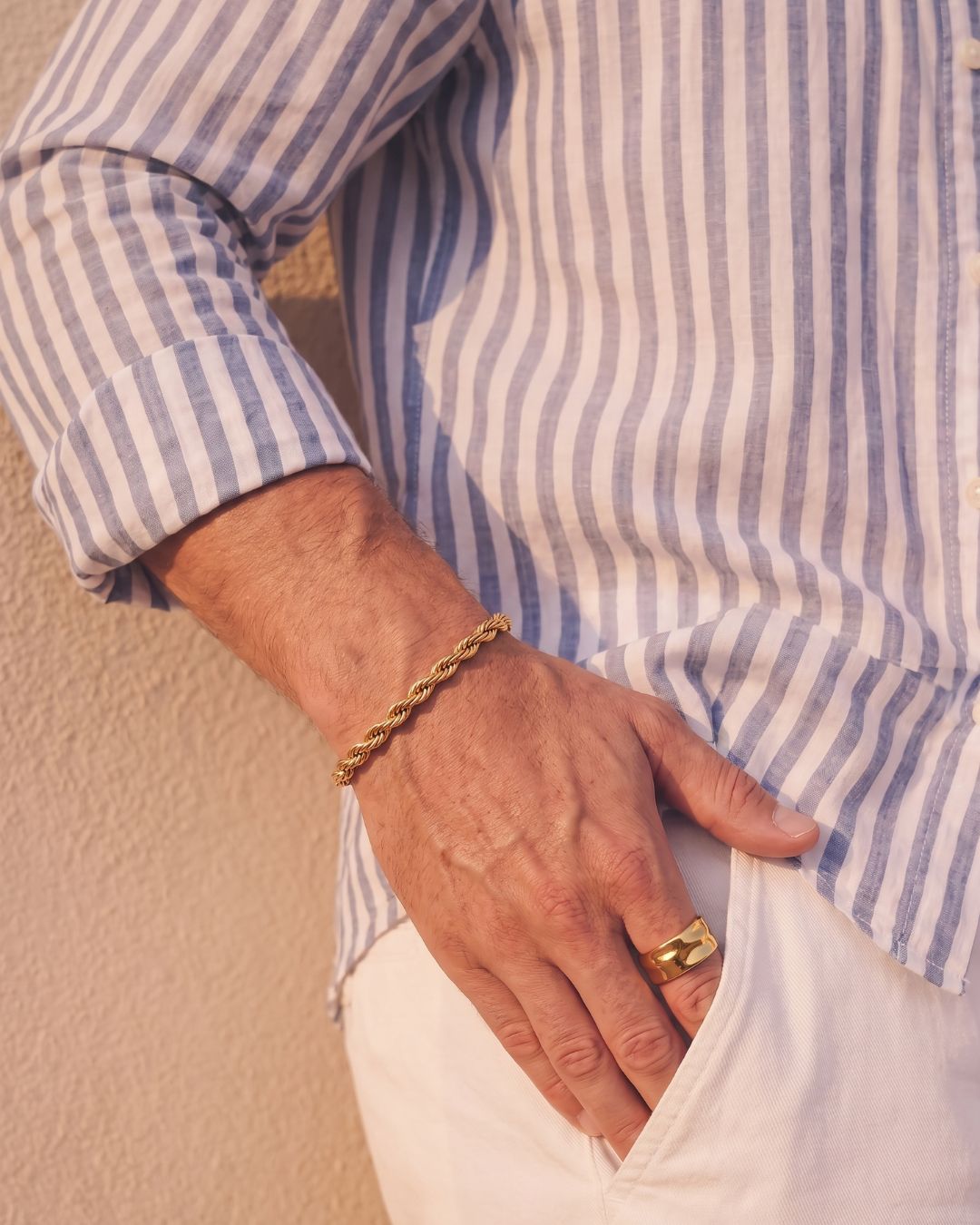 Men’s 18K Gold-Plated Rope Chain Bracelet, 5 mm, Adjustable — Tressé Acier