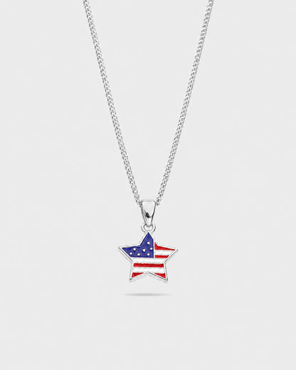 USA Flag Star Pendant Necklace, Silver-Tone Steel