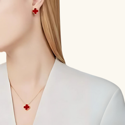 Red Clover Necklace Bracelet Earrings Set