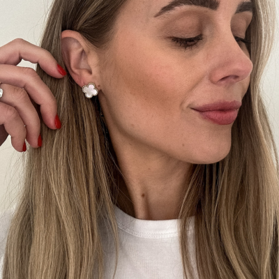 Clover Stud Earrings with Beaded Border