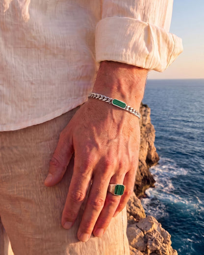Men’s Green Inlay Cuban Chain Bracelet, Adjustable Stainless Steel