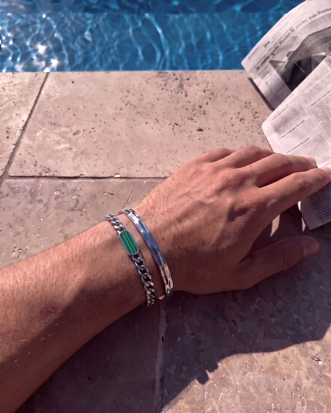 Men’s Green Inlay Cuban Chain Bracelet, Adjustable Stainless Steel