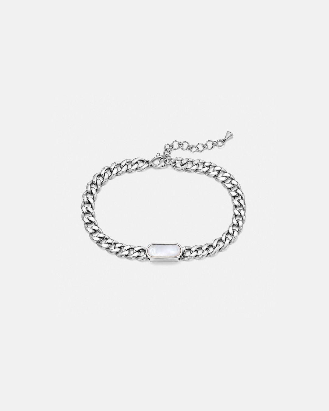 Men’s Pearlescent White Inlay Cuban Chain Bracelet, Adjustable Stainless Steel