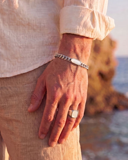 Men’s Pearlescent White Inlay Cuban Chain Bracelet, Adjustable Stainless Steel