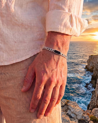 Men’s Black Inlay Cuban Chain Bracelet, Adjustable Stainless Steel