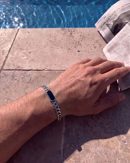 Men’s Black Inlay Cuban Chain Bracelet, Adjustable Stainless Steel