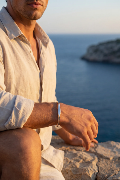 Men’s Slim Wave Adjustable Open Cuff Bracelet, Silver-Plated