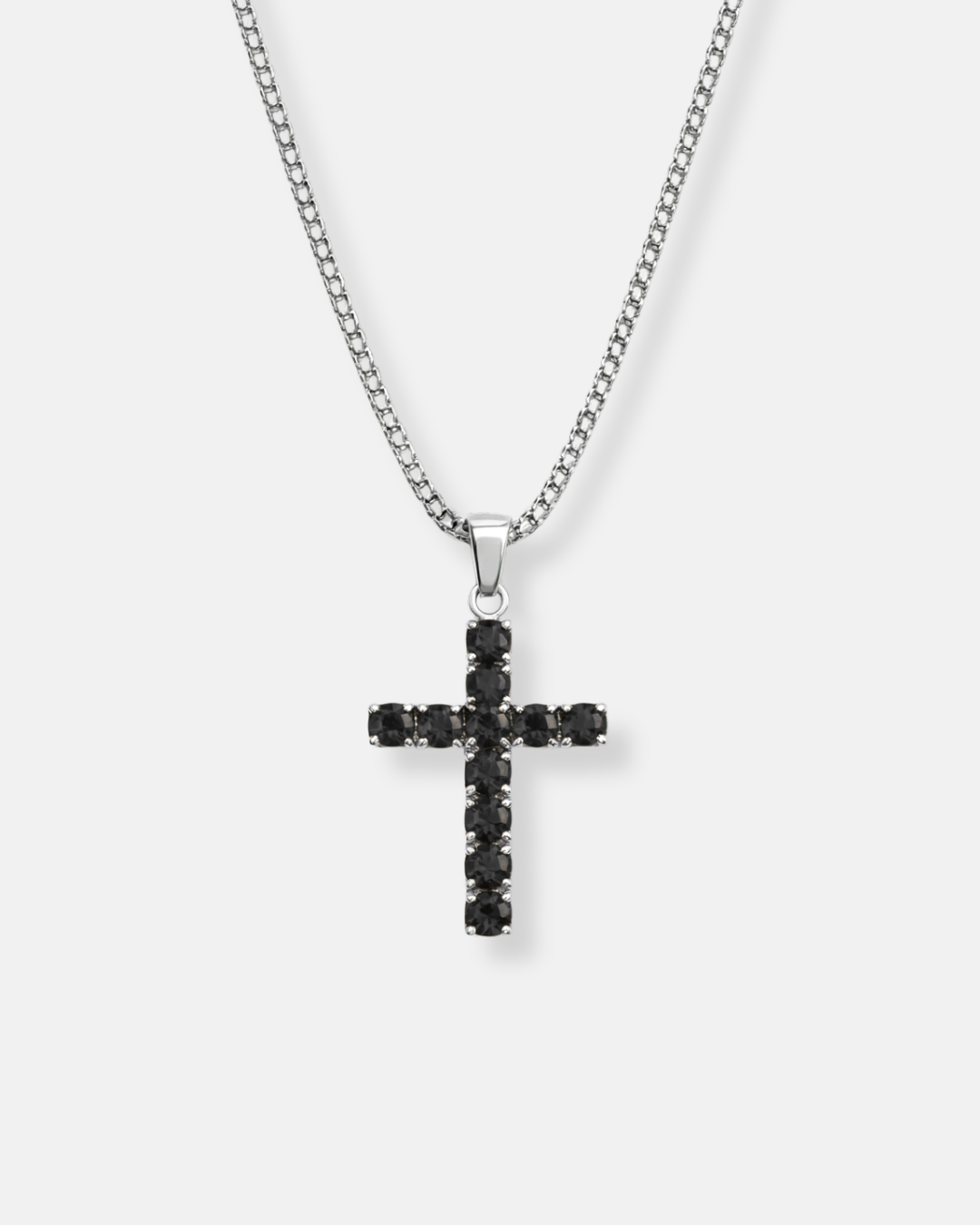Black Zirconia Cross Pendant Necklace, Silver-Tone, 60 cm