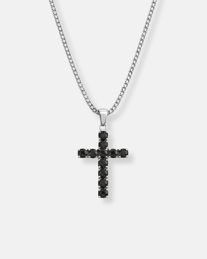 Black Zirconia Cross Pendant Necklace, Silver-Tone, 60 cm