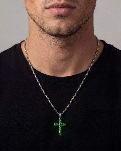 Green Zirconia Cross Pendant Necklace, Silver-Tone, 60 cm