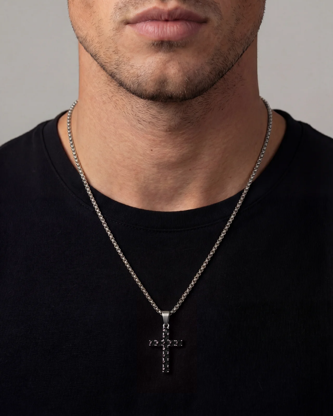 Black Zirconia Cross Pendant Necklace, Silver-Tone, 60 cm
