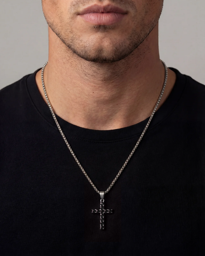 Black Zirconia Cross Pendant Necklace, Silver-Tone, 60 cm