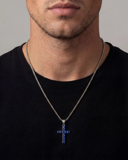 Blue Zirconia Cross Pendant Necklace, Silver-Tone, 60 cm