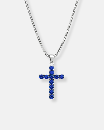 Blue Zirconia Cross Pendant Necklace, Silver-Tone, 60 cm
