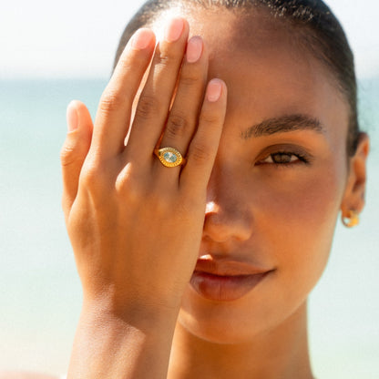 Blue Zircon Sunburst Ring, Steel — Aegean