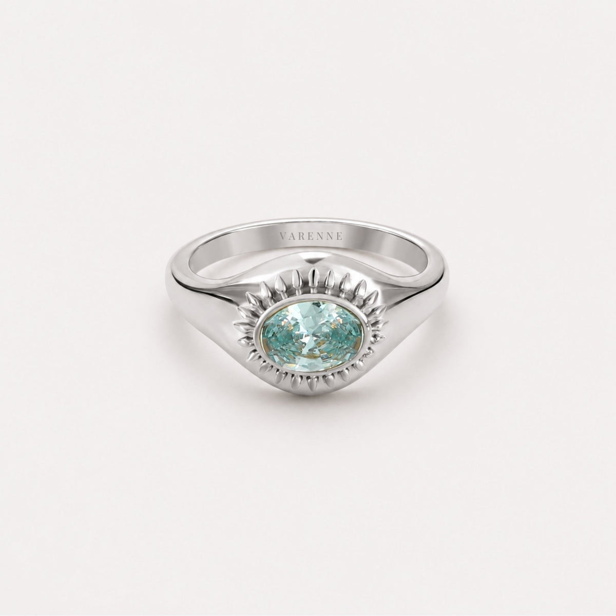 Blue Zircon Sunburst Ring, Steel — Aegean