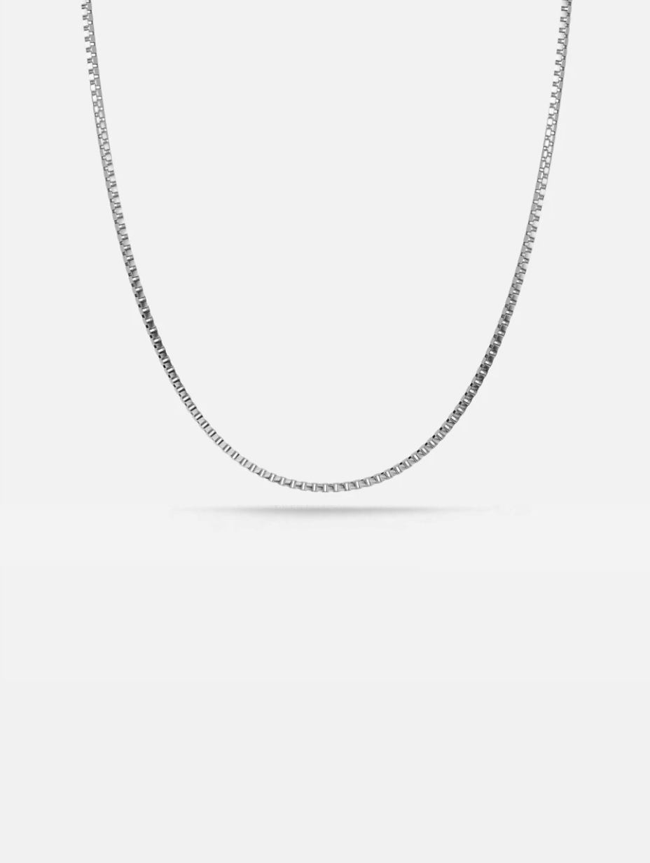 Men’s Square-Link Box Necklace, 55 cm, Platinum-Plated Steel